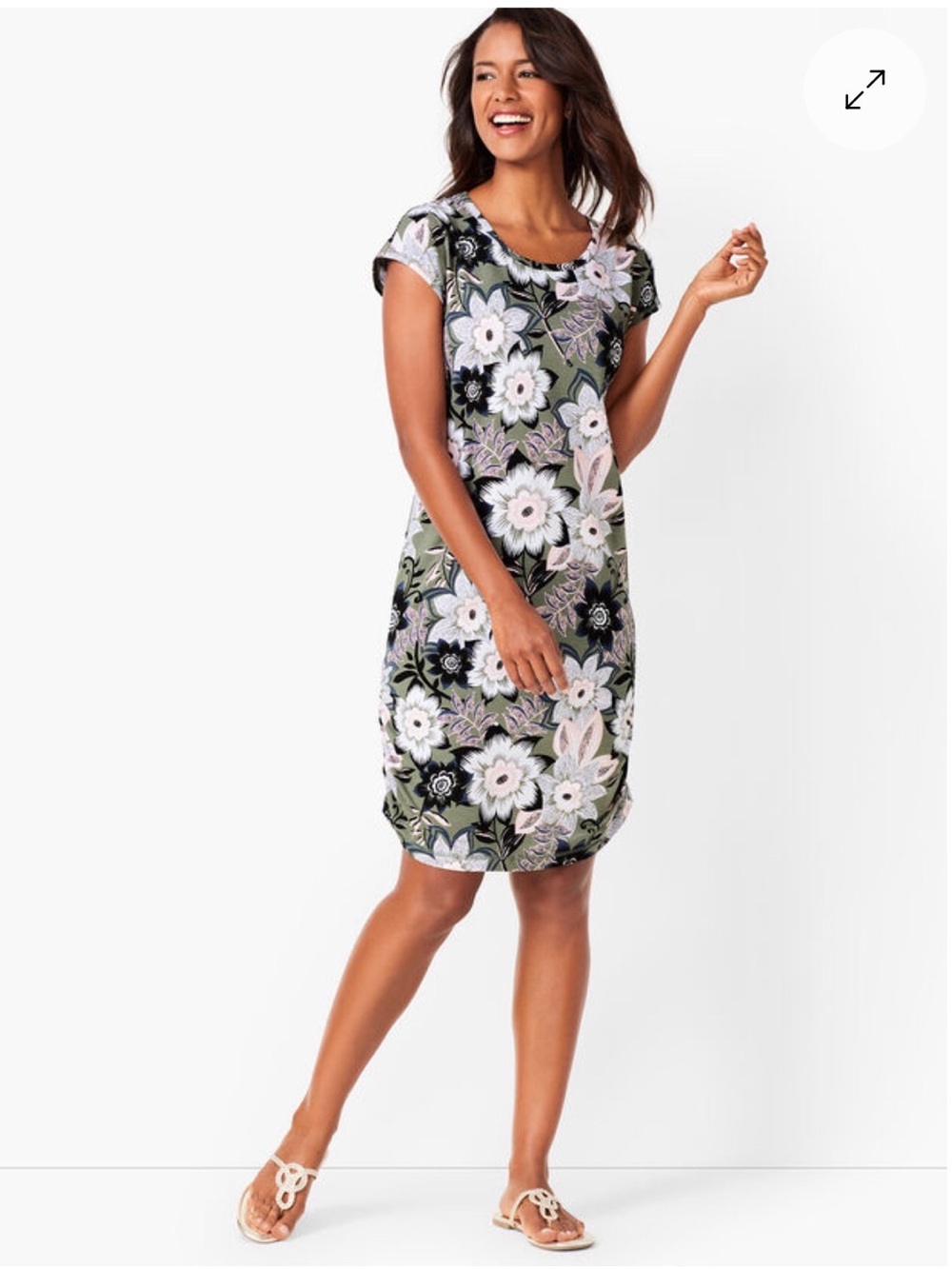 EUC T by Talbots Olive, Pink & Black Floral Scoop Neck Dress